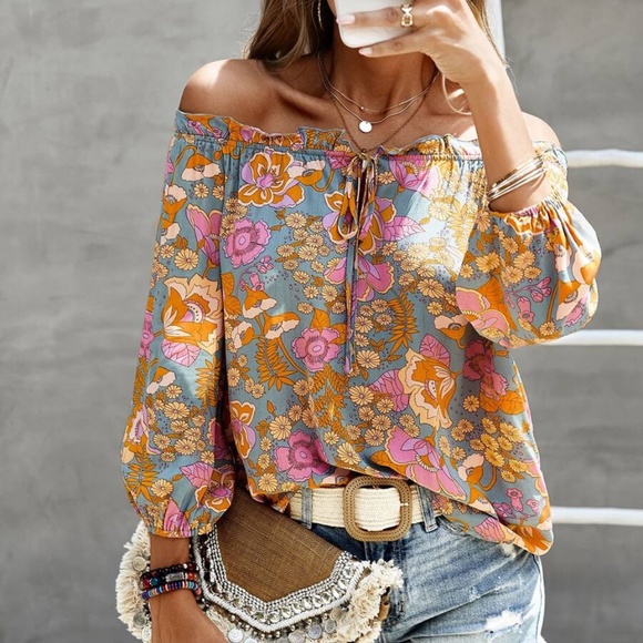 #21 Boho Floral Print Off Shoulder Blouse - Picture 3 of 15